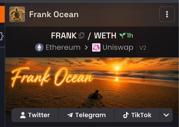 A screenshot of a crypto trading interface showing a listing for 'Frank Ocean' with the token pair 'FRANK / WETH 1h' on Ethereum via Uniswap V2, featuring a sunset beach photo and social media links for Twitter, Telegram, and TikTok.