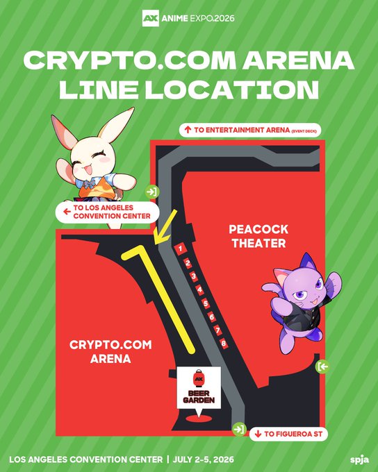 An Anime Expo 2026 (spja) map showing the Crypto.com Arena line location at the Los Angeles Convention Center, July 2-5, 2026, featuring cute mascot characters and directions to the Peacock Theater, Los Angeles Convention Center, Entertainment Arena, Beer Garden, and Figueroa St.