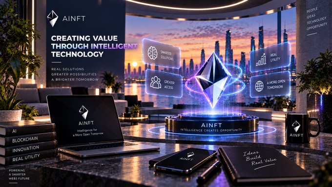 A promotional graphic for 'AINFT' with the tagline 'CREATING VALUE THROUGH INTELLIGENT TECHNOLOGY', featuring an Ethereum logo, a laptop, books labeled 'AI', 'BLOCKCHAIN', 'INNOVATION', 'REAL UTILITY', and a holographic display in a modern city setting.