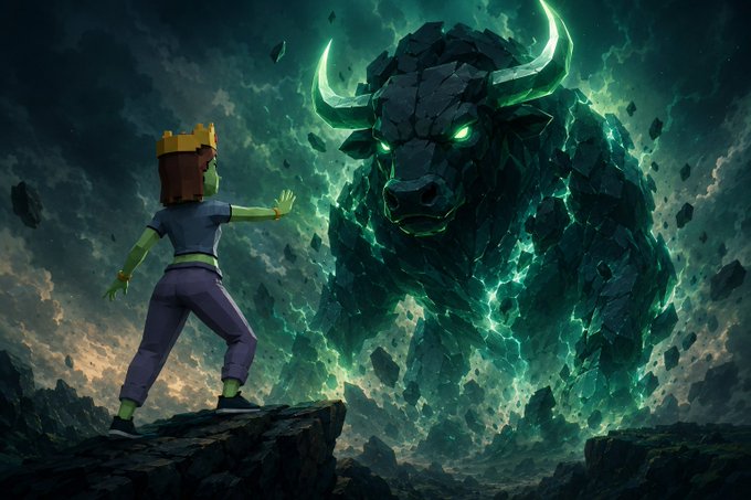 A Minecraft-style character wearing a gold crown and a "BULL" cap stands defiantly on a rocky outcrop, facing a colossal, glowing green stone bull with glowing horns and eyes, embodying the unstoppable bullish energy referenced in the post's "stop the bull" challenge to $ANSEM.