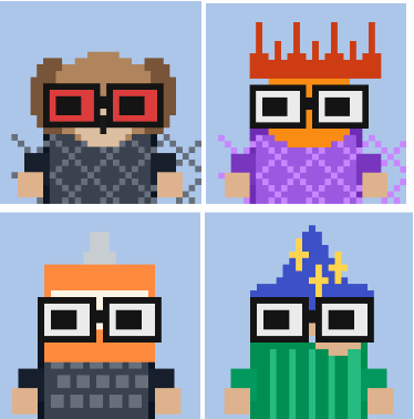 Four pixel-art style avatars depicting different characters—appearing to be Game of Thrones figures like the Night King, Hodor, Arya, and the Mountain—all wearing the iconic black-framed glasses associated with internet culture.