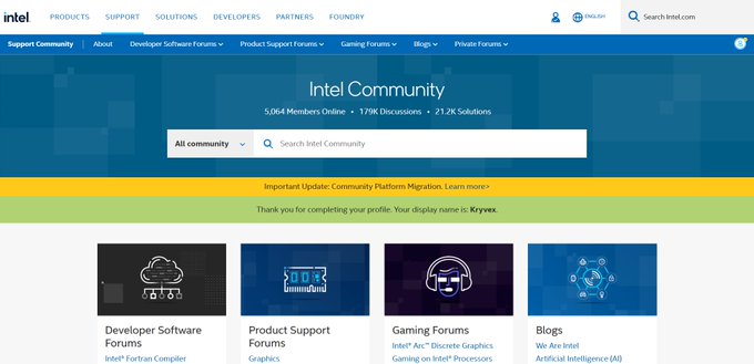 Intel Community webpage displaying 5,064 Members Online, 179K Discussions, and 21.2K Solutions, with a navigation bar featuring Developer Software Forums, Product Support Forums, Gaming Forums, and Blogs.
