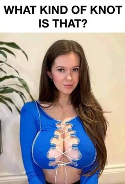 The image shows a woman in a blue lace-up top with the text "WHAT KIND OF KNOT IS THAT?" displayed above her, with the image's focus on the intricate front lacing of her garment.