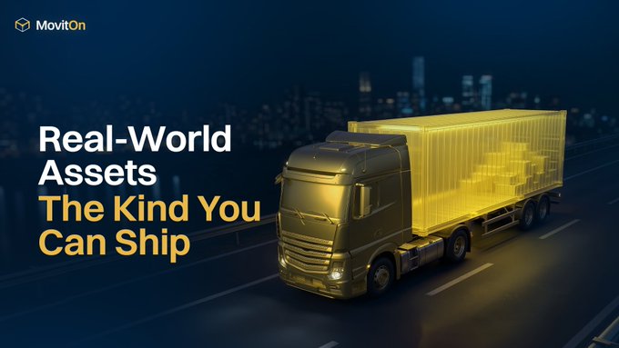 A promotional graphic for 'MovitOn' featuring a gold truck and text reading 'Real-World Assets The Kind You Can Ship' against a dark city backdrop.