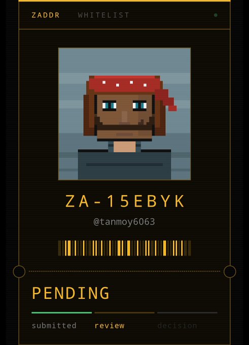 A digital NFT-style interface showing a pixel art character with a red bandana, labeled "ZADDR WHITELIST", with the ID "ZA-15EBYK" and handle "@tanmoy6063", marked as "PENDING" in the review stage.