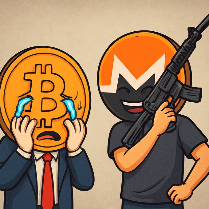 A cartoon depicting a crying Bitcoin character in a suit being menaced by a smiling Monero character holding a large assault rifle.