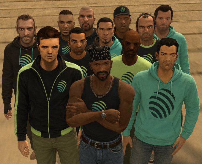 A group of male characters, resembling avatars from the video game GTA V, stand together outdoors wearing black and green apparel featuring a globe-like logo.