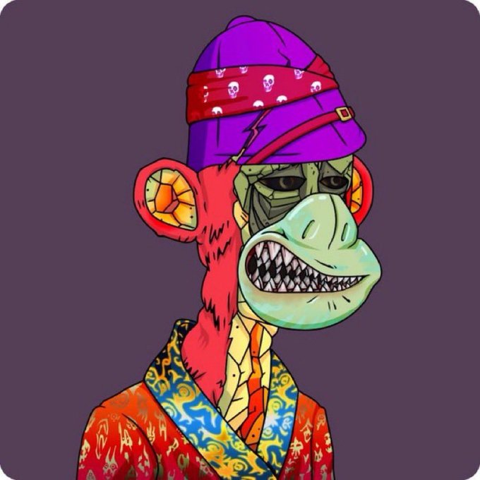 Colorful cartoon NFT artwork depicting a red-furred monkey character wearing a purple skull-patterned beanie and ornate orange robes.