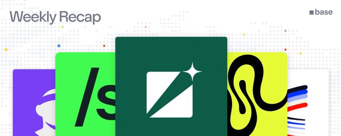 A "Weekly Recap" banner by Base featuring colorful app icons including what appears to be a green "/s" logo and other platform branding.