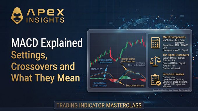 An 'Apex Insights' infographic titled 'MACD Explained: Settings, Crossovers and What They Mean,' part of a 'Trading Indicator Masterclass.'