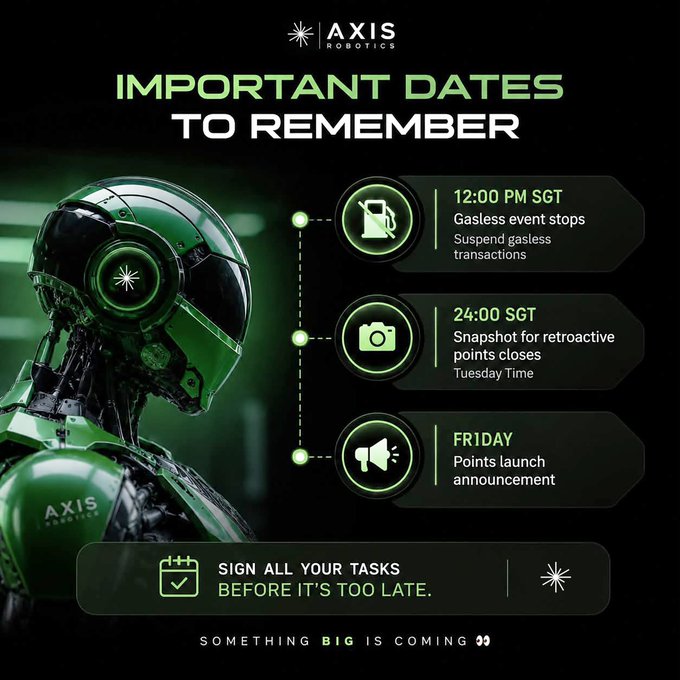 Axis Robotics promotional graphic titled "IMPORTANT DATES TO REMEMBER" showing a green robot head and key dates including 12:00 PM SGT gasless event stop, 24:00 SGT snapshot closure, and Friday points launch announcement.