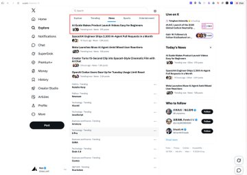 A screenshot showing the X (Twitter) Explore page with "Usa on X" trending on the right panel featuring "Alberta Makes Poilievre Launch Alberta Pay for Progress" at the top of the news section. The image illustrates the claim of reaching X News Top 1, likely showcasing the client or campaign that achieved this trending status on the platform.