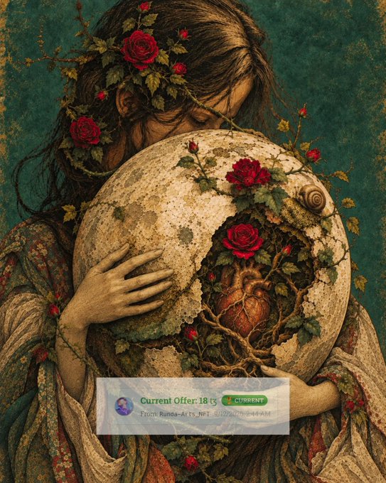 A detailed fantasy illustration of a woman with red roses in her hair embracing a cracked stone sphere containing a heart and roots, with an overlay showing 'Current Offer: 18 Ξ' from 'Runda-Arts_NFT'.