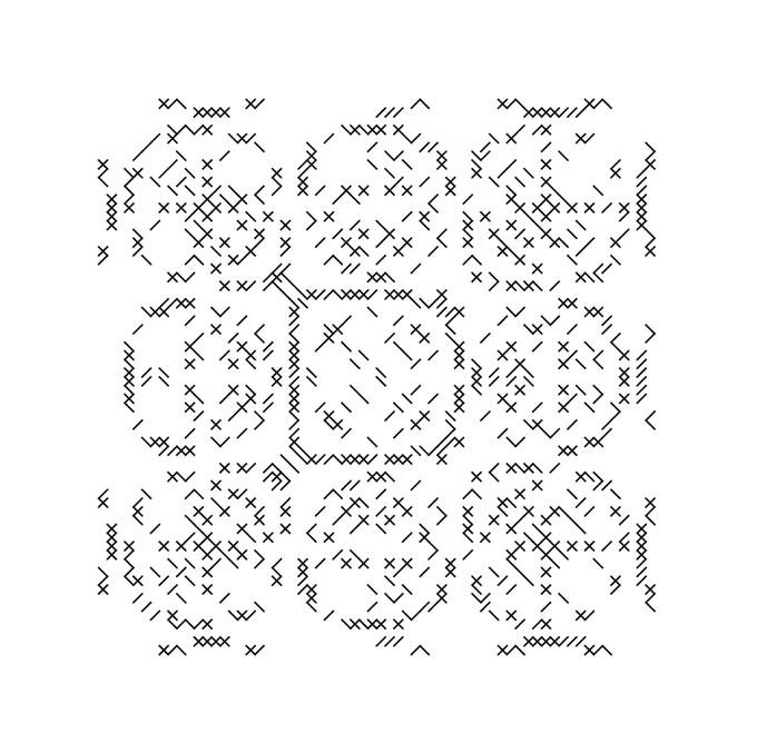 A minimalist line illustration depicting a 3x3 grid of symbols or characters composed of x's, dashes, and slashes on a white background.