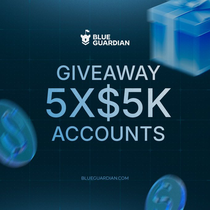 A promotional graphic from Blue Guardian announcing 'GIVEAWAY 5X$5K ACCOUNTS' with blue geometric design elements.