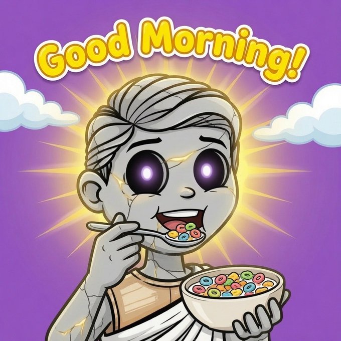 The image features a cute cartoon stone/rock character with glowing purple eyes happily eating colorful cereal from a bowl, with "Good Morning!" displayed in bold yellow text at the top. It serves as an engaging "GM" (good morning) giveaway post, inviting crypto community members to comment their Solana wallets for a chance to win a coffee-themed prize.