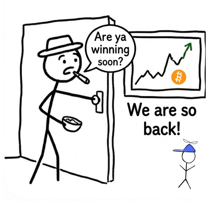 A stick figure in a fedora with a cigar holds a bowl and asks "Are ya winning soon?" next to a rising Bitcoin chart labeled "We are so back!", humorously capturing the post's theme of crypto market sentiment flipping from fear to greed.