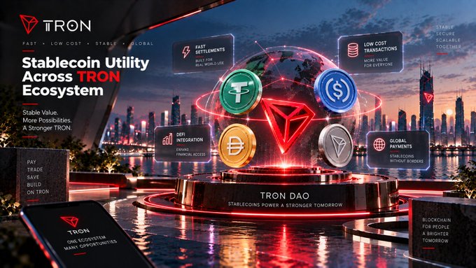 A promotional graphic for the TRON blockchain, displaying the text 'Stablecoin Utility Across TRON Ecosystem', 'TRON DAO', and 'STABLECOINS POWER A STRONGER TOMORROW' over a futuristic cityscape with various coin icons.