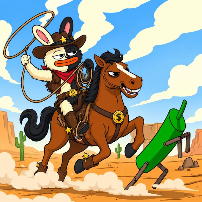 A cartoon cowboy rabbit wearing a star sheriff hat lassos a green cactus character while riding a dollar-sign-adorned horse across a desert, promoting a "$Boro" airdrop giveaway on Solana with a "$" belt buckle visible on the rider.
