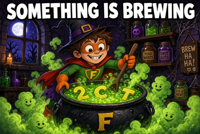 Cartoon illustration of a masked character in a witch hat stirring a bubbling green cauldron with '2CT' and an 'F' on it, surrounded by jars labeled 'TOAD WARTS', 'SNOT GUTS', and 'EYE OF NEWT', with the text 'SOMETHING IS BREWING' and a 'BREW HA HA!' sign.