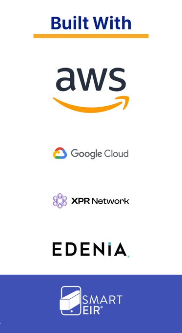 The image features a poster with four logos, including an orange "A" logo for Amazon Web Services (AWS), a blue "W" logo for Google Cloud, a purple "XPR" logo for XPR Network, and a black and white "Edenia" logo for Edena. The text on the poster reads: "Built with builtWith".