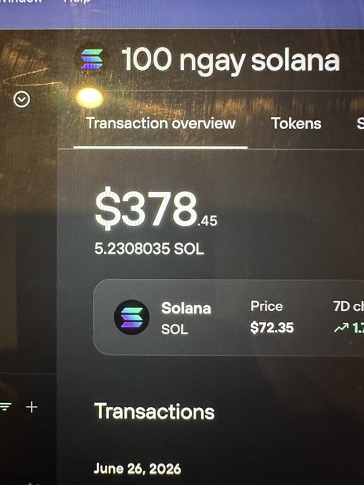 A Phantom wallet screenshot displays the account "100 ngay solana" holding $378.45 (5.23 SOL) with SOL priced at $72.35, alongside a Transactions section showing a recent entry dated June 26, 2026. The image illustrates the poster's ongoing 23-day Solana accumulation strategy, showing the modest holdings they've built during the downtrend despite limited funds.