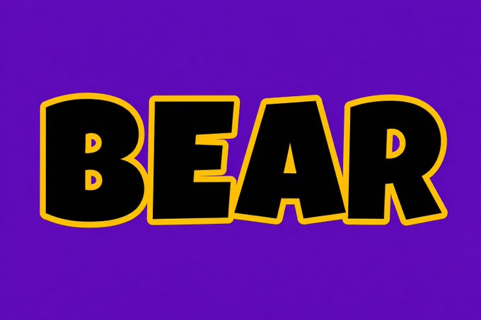 The word 'BEAR' displayed in bold black letters with a yellow outline on a solid purple background.