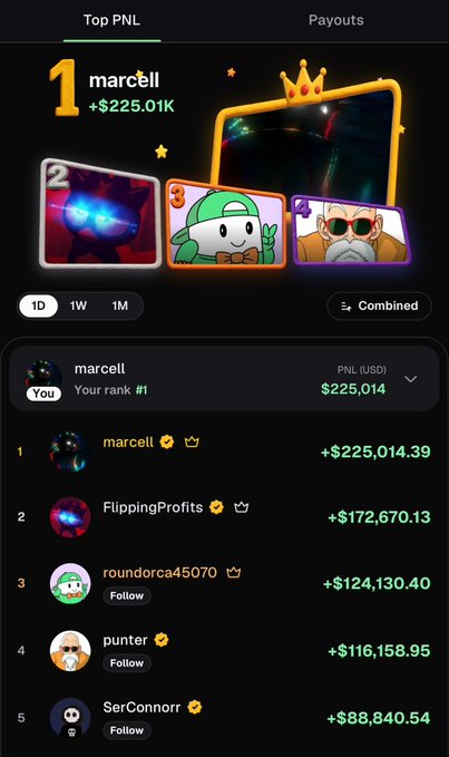 A screenshot of a "Top PNL" leaderboard on Pumpfun, showing user "marcell" ranked #1 with $225,014 in profits, followed by FlippingProfits at $172,670 and roundorca45070 at $124,130. The leaderboard celebrates the user's top earnings, fitting the "just another day" tone with its casual display of significant crypto gains.