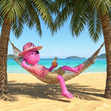 A pink character lounges contentedly in a hammock between two palm trees on a sunny beach, wearing a sun hat and sipping a tropical drink—embodying the relaxed, family-like "good vibes" celebrated in the post about Good Vibes Club.