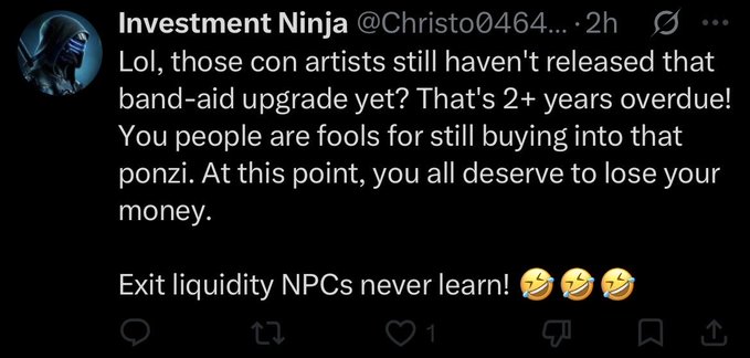 The image features a screenshot of a social media post about a band member. The post contains some text that appears to be a message to the band's fans, but it has been edited or altered to read "Investment Ninja... Those con artists still have not released that band-aid upgrade yet? That's 2+ years overdue! You all deserve to lose your money".
