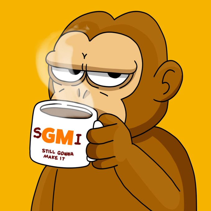 A cartoon illustration of a tired-looking monkey drinking from a white mug with the text '$GMI' and 'STILL GONNA MAKE IT' on it, set against a yellow background.