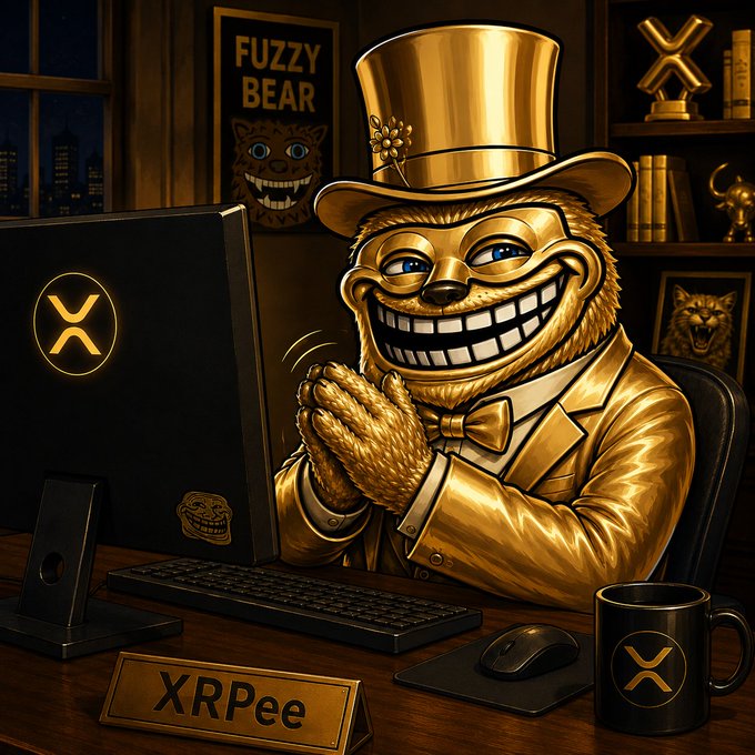An AI-generated image of a golden bear mascot wearing a top hat and bow tie sitting at a desk with an XRP logo monitor, with 'XRPee' nameplate and 'FUZZY BEAR' sign.