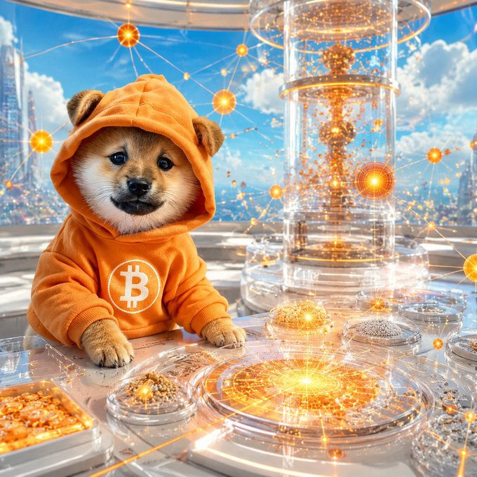 A Shiba Inu puppy wearing an orange Bitcoin-themed hoodie, sitting on a futuristic platform surrounded by glowing orbs and digital elements.
