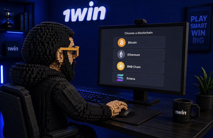 A pixelated hooded figure sits at a desk facing a monitor displaying "Choose a blockchain" options including Bitcoin, Ethereum, BNB Chain, and Solana, under a glowing "1win" sign. The image illustrates the post's message about weighing each blockchain's trade-offs rather than seeking a perfect option, emphasizing that market conditions matter more than the chain choice itself.
