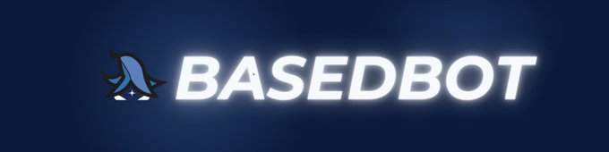 A logo featuring a stylized blue character figure next to the glowing white text 'BASEDBOT' on a dark blue background.