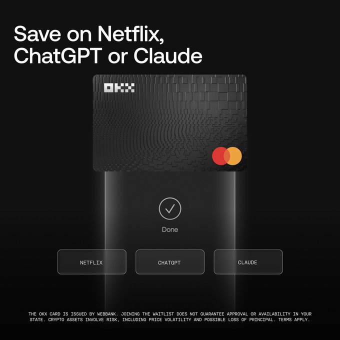 A promotional image for the OKX Mastercard card (issued by WebBank) displayed on a smartphone screen, highlighting savings on Netflix, ChatGPT, and Claude subscriptions with a "Done" confirmation message. The image supports the post's announcement of new European perks, including €20 cashback and 50% off these subscription services when paid with crypto.