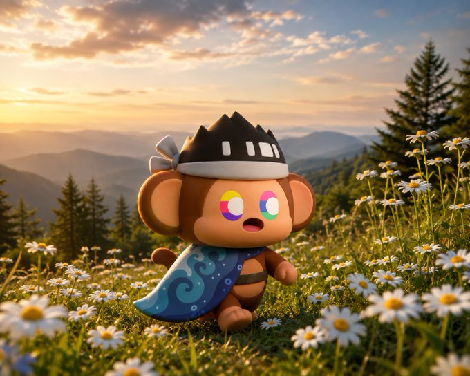 A 3D-rendered cartoon monkey wearing a black crown and blue patterned cloak, sitting in a sunlit meadow of daisies with mountains and pine trees in the background.