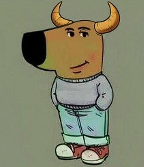 A cartoon illustration shows an anthropomorphic bull character standing confidently, wearing a gray sweater, blue cuffed jeans, and red-and-white sneakers. The image ties into the post by visually representing "The Bull Guy" mascot of the $BullGuy Solana meme coin being promoted as the next bullish crypto opportunity.