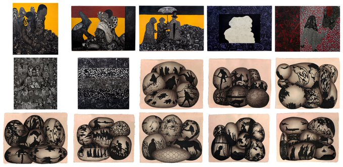 A grid of artistic illustrations featuring various scenes including silhouettes against yellow backgrounds, abstract rocky landscapes, and skull-like formations containing shadowy figures on a pink background.