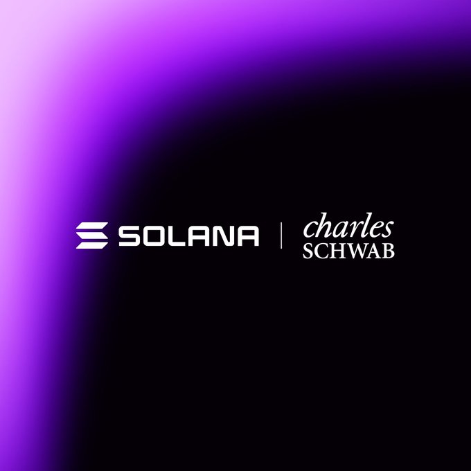 A minimalist graphic on a purple and black gradient background displaying the logos for 'SOLANA' and 'Charles Schwab' side by side.
