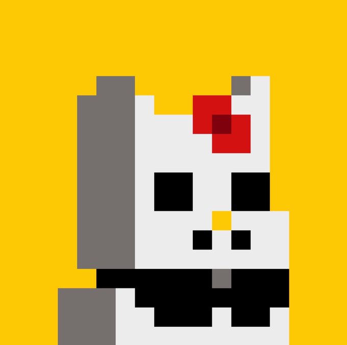 Pixel art of Hello Kitty dressed as a chef, featuring a white hat with a red bow, set against a bright yellow background.