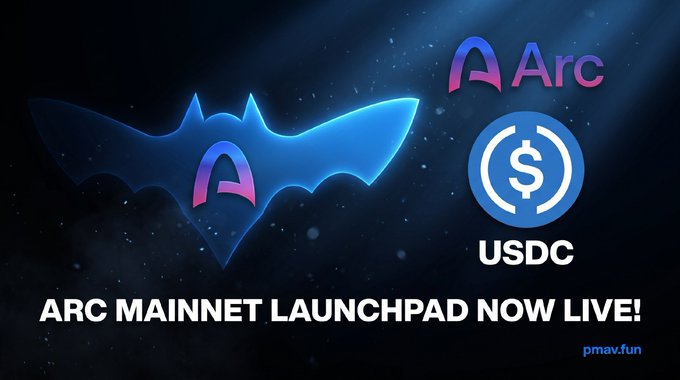 The image announces "ARC MAINNET LAUNCHPAD NOW LIVE!" with the Arc logo, a stylized bat-like emblem in blue/purple, alongside the USDC ticker and pmax.fun branding. It visually promotes the launchpad mentioned in the post, highlighting Arc's mainnet debut and USDC-based trading features.