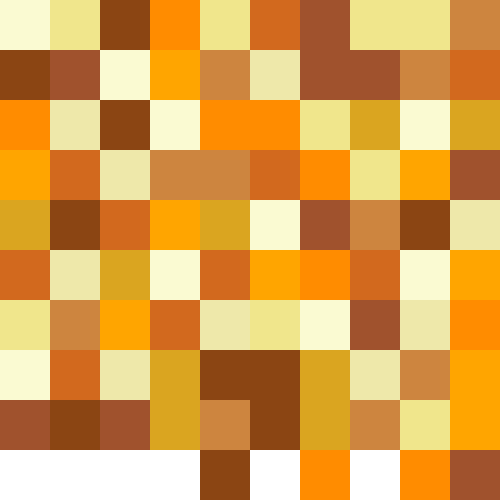 A pixelated mosaic artwork composed of squares in various shades of orange, brown, yellow, and cream.