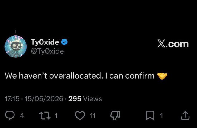 A screenshot of a tweet from Ty0xide (@Ty0xide) reading 'We haven't overallocated. I can confirm 🤝', dated 15/05/2026 with 295 views.