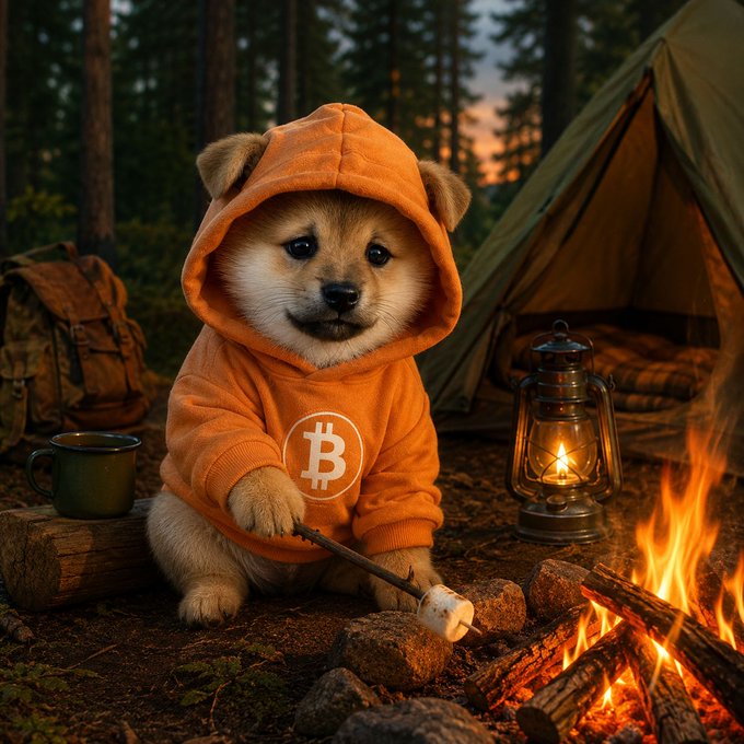 An AI-generated illustration of a Shiba Inu puppy wearing an orange Bitcoin hoodie, sitting by a campfire at a campsite with a tent and lantern.