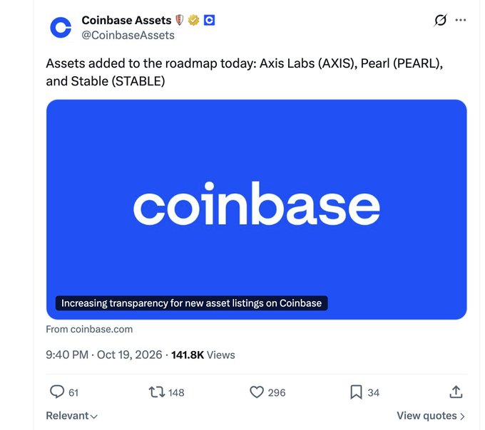 A Coinbase Assets tweet announcing new roadmap additions: Axis Labs (AXIS), Pearl (PEARL), and Stable (STABLE).