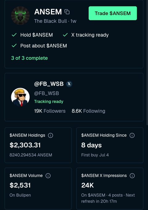 Cryptocurrency tracking page for the token $ANSEM, showing a profile named 'The Black Bull', 3 of 3 tasks complete, $2,303.31 in holdings, and 24K X impressions.