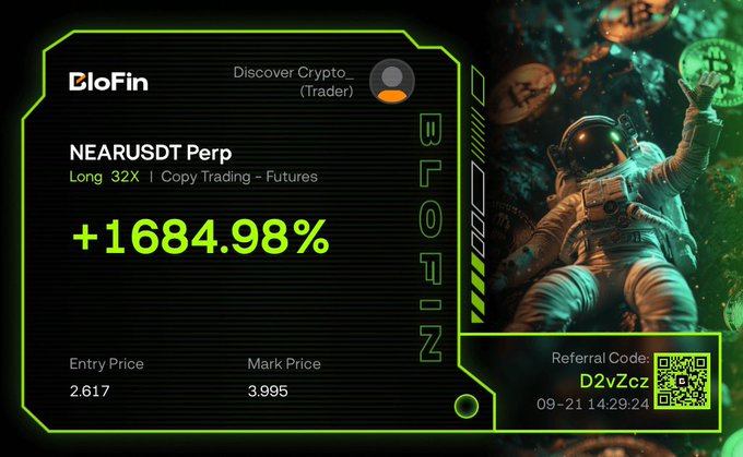 A promotional image for BloFin cryptocurrency exchange displaying a '+1684.98%' gain on a NEARUSDT Perp Long 32X position, with a referral code 'D2vZcz' and a QR code.