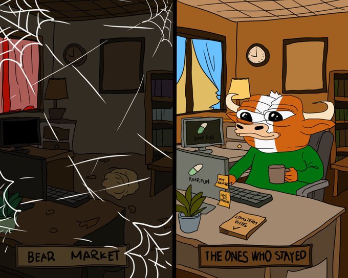 A split-panel cartoon shows a dark, cobweb-filled room labeled "BEAR MARKET" on the left, contrasted with a bright office on the right labeled "THE ONES WHO STAYED," where a bullish character works at a computer displaying "RMR.FUN," holds a coffee mug, and has sticky notes reading "BUY THE DIP," "HOLD," and "CONVICTION PAYS." The image humorously illustrates that investors who endured the bearish downturn are now reaping rewards in the current bull market rally.