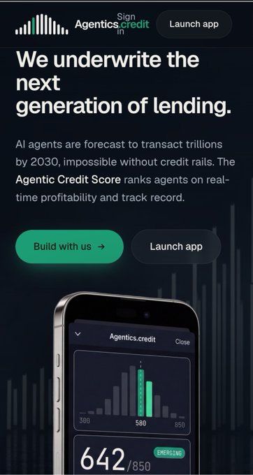 A mobile app advertisement for 'Agentics Credit' with the headline 'We underwrite the next generation of lending,' showing a credit score of 642/850.
